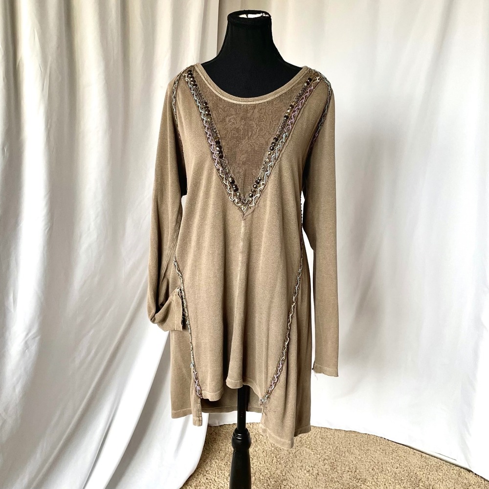Free People Beaded Soft Tunic Sz L Brown Taupe Cozy Fall Earthy Artsy Lagenlook